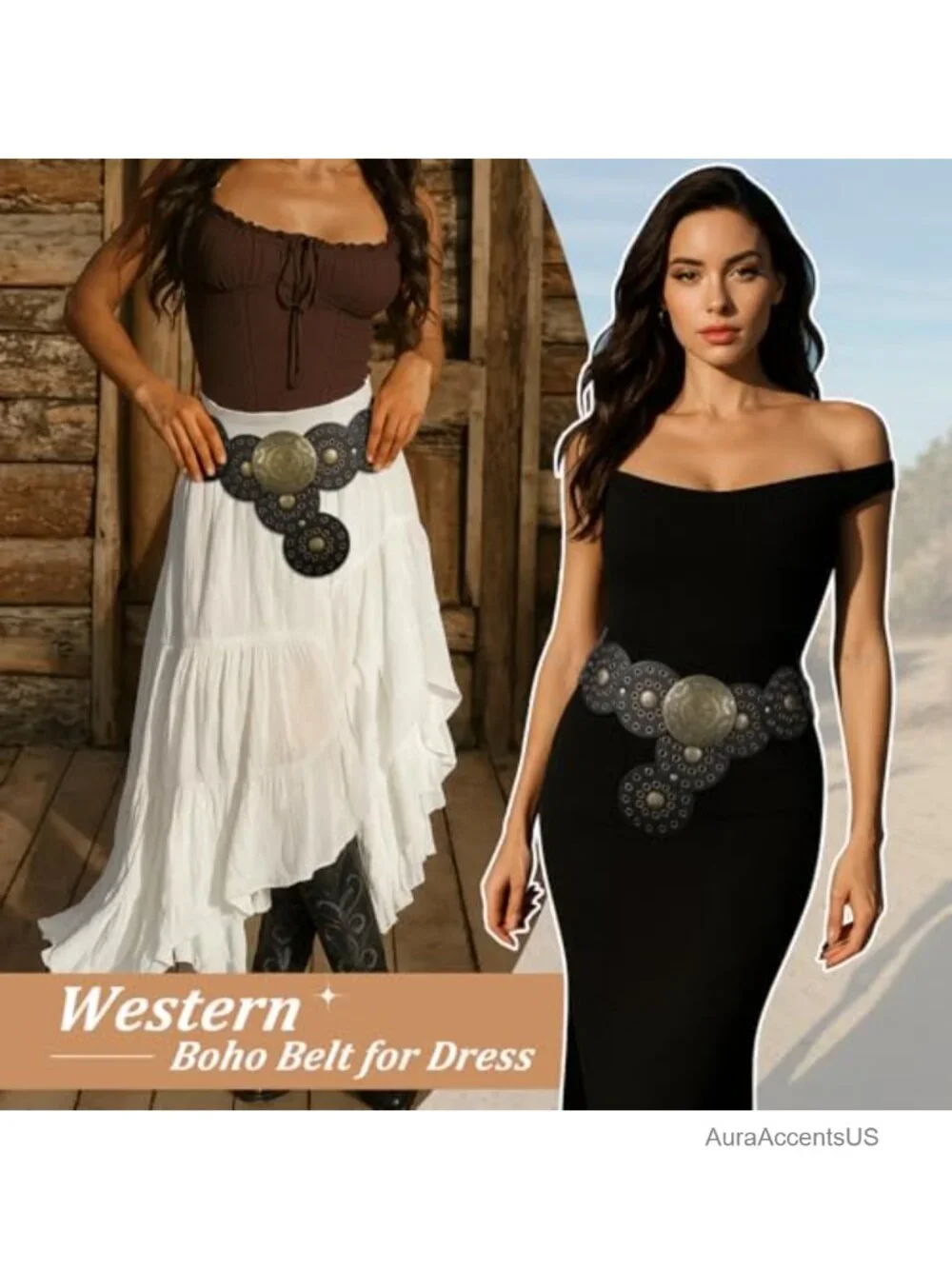 Western Disc Belt Cowgirl Boho Wide PU Leather Belt for Jeans